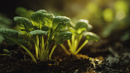 Mustard with small fresh leaves, growing upright in fertile soil, sunlight filtering gently, realistic textures, vibrant green tones, natural photography style, wide balanced composition for timelapse video.の写真素材