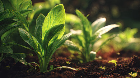 Plantain with small fresh leaves, growing upright in fertile soil, sunlight filtering gently, realistic textures, vibrant green tones, natural photography style, wide balanced composition for timelapse video.の写真素材