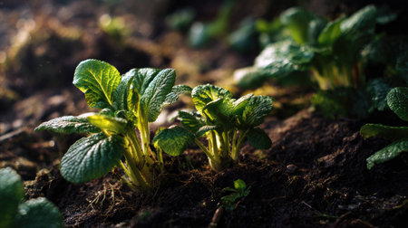 Polyanthus with small fresh leaves, growing upright in fertile soil, sunlight filtering gently, realistic textures, vibrant green tones, natural photography style, wide balanced composition for timelapse video.の写真素材