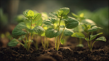 Perilla with small fresh leaves, growing upright in fertile soil, sunlight filtering gently, realistic textures, vibrant green tones, natural photography style, wide balanced composition for timelapse video.の写真素材