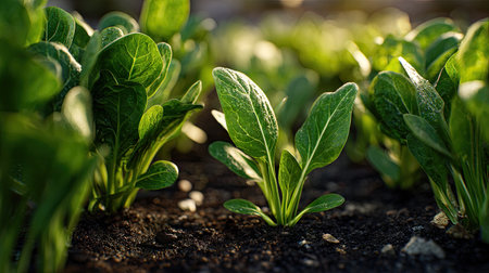 Spinach with small fresh leaves, growing upright in fertile soil, sunlight filtering gently, realistic textures, vibrant green tones, natural photography style, wide balanced composition for timelapse video.の写真素材