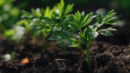 Monkshood with small fresh leaves, growing upright in fertile soil, sunlight filtering gently, realistic textures, vibrant green tones, natural photography style, wide balanced composition for timelapse video.の写真素材