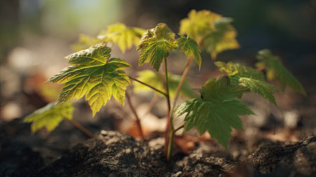 Norway maple with small fresh leaves, growing upright in fertile soil, sunlight filtering gently, realistic textures, vibrant green tones, natural photography style, wide balanced composition for timelapse video.の写真素材