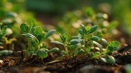 Purslane with small fresh leaves, growing upright in fertile soil, sunlight filtering gently, realistic textures, vibrant green tones, natural photography style, wide balanced composition for timelapse video.の写真素材