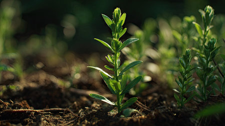 Snapdragon with small fresh leaves, growing upright in fertile soil, sunlight filtering gently, realistic textures, vibrant green tones, natural photography style, wide balanced composition for timelapse video.の写真素材