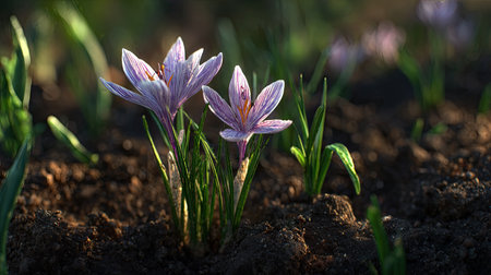 Saffron crocus with small fresh leaves, growing upright in fertile soil, sunlight filtering gently, realistic textures, vibrant green tones, natural photography style, wide balanced composition for timelapse video.の写真素材