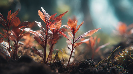 Red algae with small fresh leaves, growing upright in fertile soil, sunlight filtering gently, realistic textures, vibrant green tones, natural photography style, wide balanced composition for timelapse video.の写真素材
