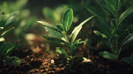 Wallflower with small fresh leaves, growing upright in fertile soil, sunlight filtering gently, realistic textures, vibrant green tones, natural photography style, wide balanced composition for timelapse video.の写真素材