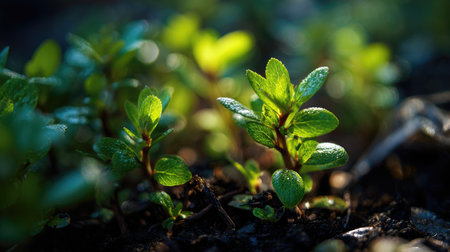 Wintergreen with small fresh leaves, growing upright in fertile soil, sunlight filtering gently, realistic textures, vibrant green tones, natural photography style, wide balanced composition for timelapse video.の写真素材