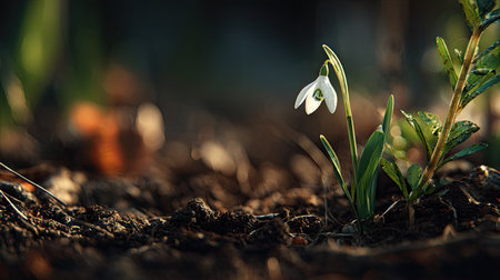 Snowdrop with small fresh leaves, growing upright in fertile soil, sunlight filtering gently, realistic textures, vibrant green tones, natural photography style, wide balanced composition for timelapse video.の写真素材