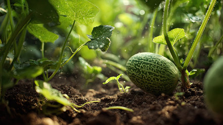 Winter melon with small fresh leaves, growing upright in fertile soil, sunlight filtering gently, realistic textures, vibrant green tones, natural photography style, wide balanced composition for timelapse video.の写真素材