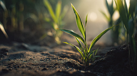 Triticale with small fresh leaves, growing upright in fertile soil, sunlight filtering gently, realistic textures, vibrant green tones, natural photography style, wide balanced composition for timelapse video.の写真素材