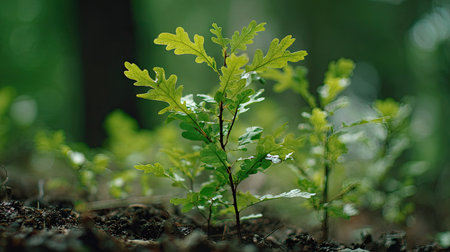 White oak with small fresh leaves, growing upright in fertile soil, sunlight filtering gently, realistic textures, vibrant green tones, natural photography style, wide balanced composition for timelapse video.の写真素材