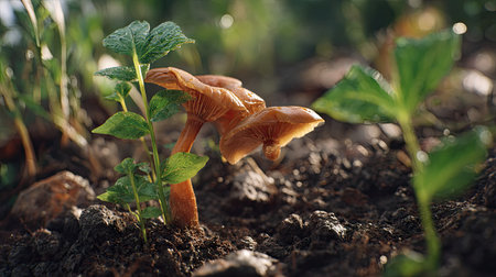Wood ear mushroom with small fresh leaves, growing upright in fertile soil, sunlight filtering gently, realistic textures, vibrant green tones, natural photography style, wide balanced composition for timelapse video.の写真素材