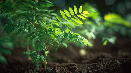 Wisteria with small fresh leaves, growing upright in fertile soil, sunlight filtering gently, realistic textures, vibrant green tones, natural photography style, wide balanced composition for timelapse video.の写真素材