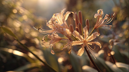 The Nerine at dawn soft golden sunlight kissing leaves clean air natural colorの写真素材