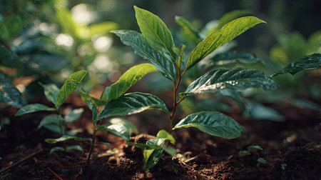 Guayusa with small fresh leaves, growing upright in fertile soil, sunlight filtering gently, realistic textures, vibrant green tones, natural photography style, wide balanced composition for timelapse video.の写真素材