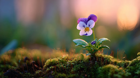 Photo of a small Pansy growing on moss at sunrise, symbolizing hope and new beginnings. Web banner with copy space on the right for product placement.の写真素材