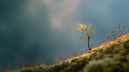 Photo of a small Woad growing on moss at sunrise, symbolizing hope and new beginnings. Web banner with copy space on the right for product placement.の写真素材