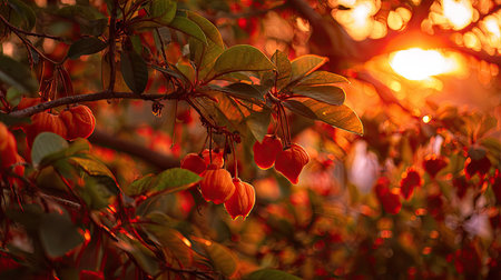 The Ackee at sunset, Golden red sunset light filters through the leaves, still atmosphere, warm orange glow blending with natural green tones.の写真素材