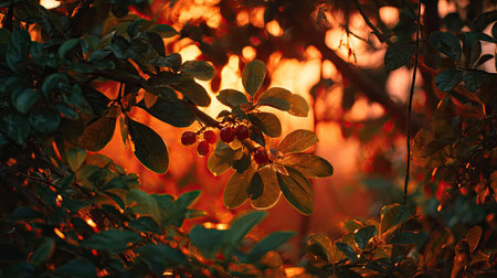 The Acerola at sunset, Golden red sunset light filters through the leaves, still atmosphere, warm orange glow blending with natural green tones.の写真素材