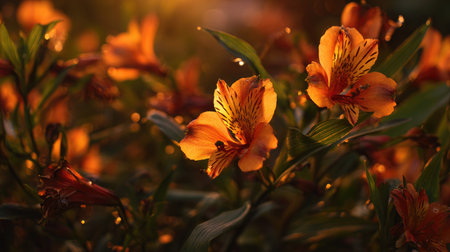 The Alstroemeria at sunset, Golden red sunset light filters through the leaves, still atmosphere, warm orange glow blending with natural green tones.の写真素材