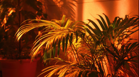 The Areca palm at sunset, Golden red sunset light filters through the leaves, still atmosphere, warm orange glow blending with natural green tones.の写真素材
