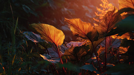 The Arrowroot at sunset, Golden red sunset light filters through the leaves, still atmosphere, warm orange glow blending with natural green tones.の写真素材