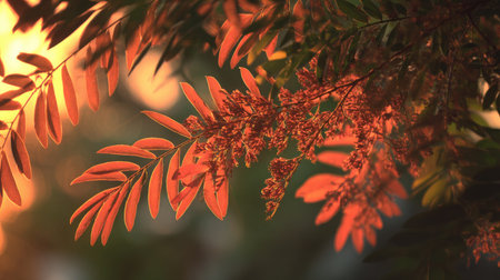 Golden red sunset light filters through the leaves, still atmosphere, warm orange glow blending with natural green tones.の写真素材