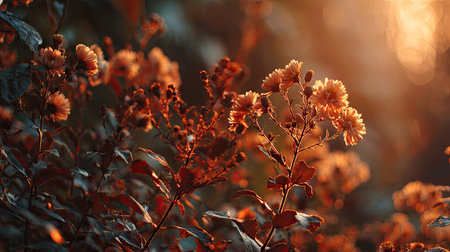 The Aster at sunset, Golden red sunset light filters through the leaves, still atmosphere, warm orange glow blending with natural green tones.の写真素材