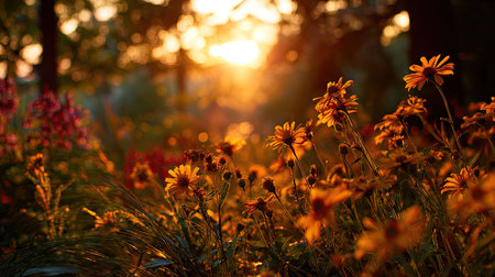 The Arnica at sunset, Golden red sunset light filters through the leaves, still atmosphere, warm orange glow blending with natural green tones.の写真素材