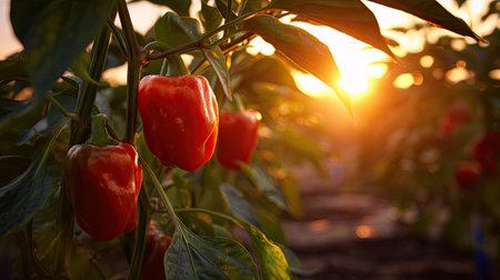 The Bell pepper at sunset, Golden red sunset light filters through the leaves, still atmosphere, warm orange glow blending with natural green tones.の写真素材