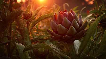 The Artichoke at sunset, Golden red sunset light filters through the leaves, still atmosphere, warm orange glow blending with natural green tones.の写真素材