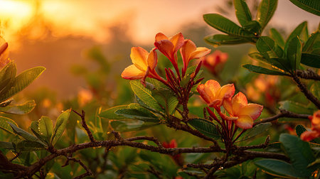 The Allamanda at sunset, Golden red sunset light filters through the leaves, still atmosphere, warm orange glow blending with natural green tones.の写真素材