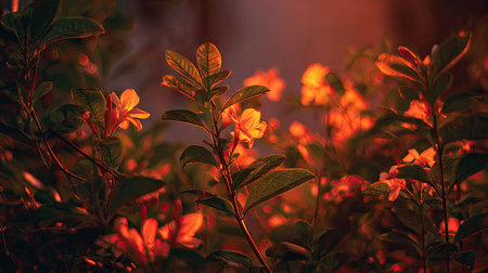 The Bouvardia at sunset, Golden red sunset light filters through the leaves, still atmosphere, warm orange glow blending with natural green tones.の写真素材