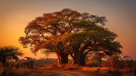 The Baobab at sunset, Golden red sunset light filters through the leaves, still atmosphere, warm orange glow blending with natural green tones.の写真素材