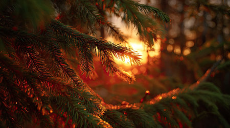 The Balsam fir at sunset, Golden red sunset light filters through the leaves, still atmosphere, warm orange glow blending with natural green tones.の写真素材