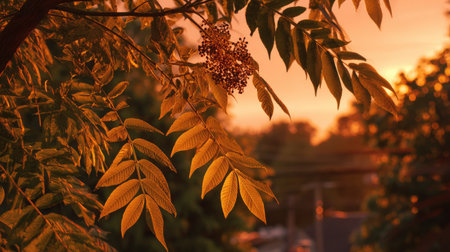 The Black walnut at sunset, Golden red sunset light filters through the leaves, still atmosphere, warm orange glow blending with natural green tones.の写真素材