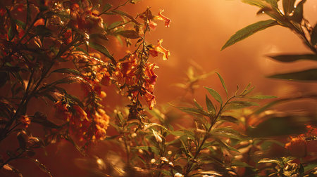 The Angelonia at sunset, Golden red sunset light filters through the leaves, still atmosphere, warm orange glow blending with natural green tones.の写真素材