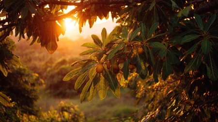 The Breadfruit tree at sunset, Golden red sunset light filters through the leaves, still atmosphere, warm orange glow blending with natural green tones.の写真素材