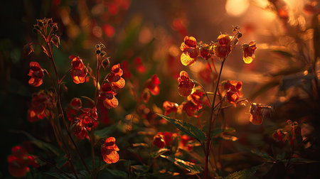 The Calceolaria at sunset, Golden red sunset light filters through the leaves, still atmosphere, warm orange glow blending with natural green tones.の写真素材