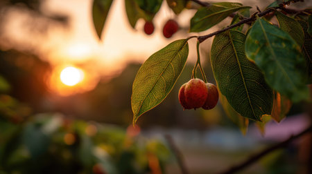 The Betel nut at sunset, Golden red sunset light filters through the leaves, still atmosphere, warm orange glow blending with natural green tones.の写真素材