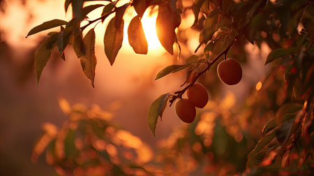 The Apricot tree at sunset, Golden red sunset light filters through the leaves, still atmosphere, warm orange glow blending with natural green tones.の写真素材