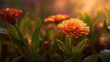 The Calendula at sunset, Golden red sunset light filters through the leaves, still atmosphere, warm orange glow blending with natural green tones.の写真素材