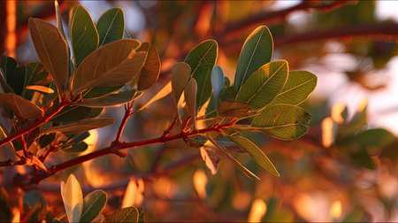 The Carob tree at sunset, Golden red sunset light filters through the leaves, still atmosphere, warm orange glow blending with natural green tones.の写真素材