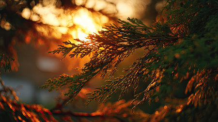 The Cedar at sunset, Golden red sunset light filters through the leaves, still atmosphere, warm orange glow blending with natural green tones.の写真素材
