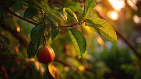 The Bael fruit at sunset, Golden red sunset light filters through the leaves, still atmosphere, warm orange glow blending with natural green tones.の写真素材