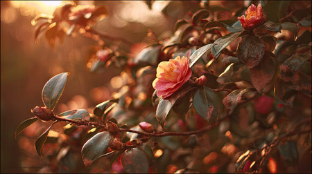 The Camellia at sunset, Golden red sunset light filters through the leaves, still atmosphere, warm orange glow blending with natural green tones.の写真素材