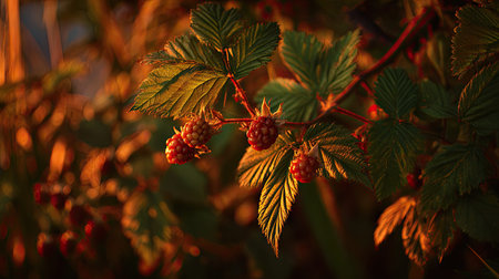 The Blackberry at sunset, Golden red sunset light filters through the leaves, still atmosphere, warm orange glow blending with natural green tones.の写真素材