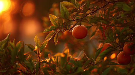 The Clementine at sunset, Golden red sunset light filters through the leaves, still atmosphere, warm orange glow blending with natural green tones.の写真素材